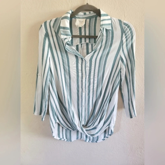 Harper Heritage Green and White‎ Striped Button-Down Drape Front Top, Size XS - Picture 1 of 6
